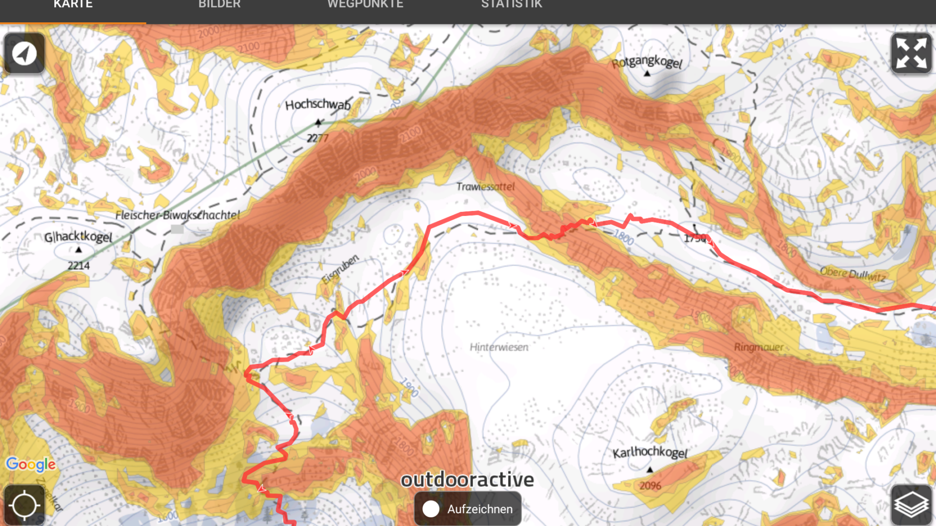 Screenshot Alpenvereinaktiv App Winterkarte mit eingeblendeten Steigungen.