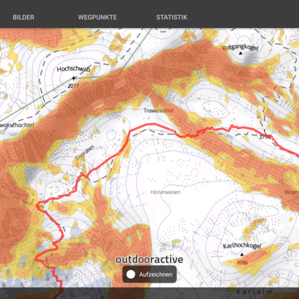 Screenshot Alpenvereinaktiv App Winterkarte mit eingeblendeten Steigungen.