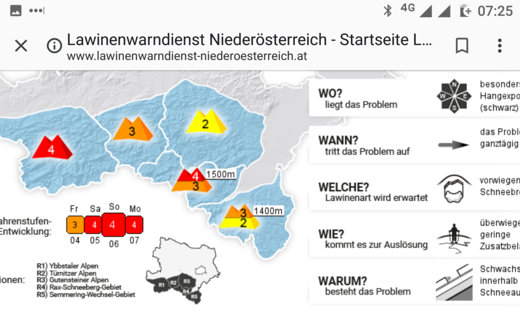 Screenshot Lawinenwarndienst Niederösterreich vom 06.01.2019