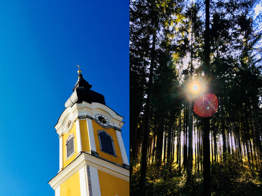 Kirchturm von St. Johann, Himmel, Sonne und Wald (Fotos: Stefan Hochhold)