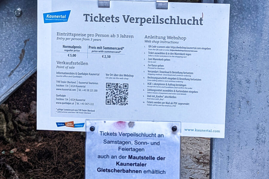 Ticketinformationen Verpeilschlucht. Foto: Thomas Obermair, Protect Our Winters Austria (POW AT)